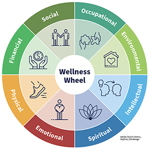 Wellness wheel graphic showing areas of wellness